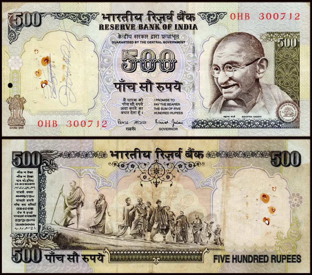 India 500 Rupees Governor Bimal Jalan Used Banknote