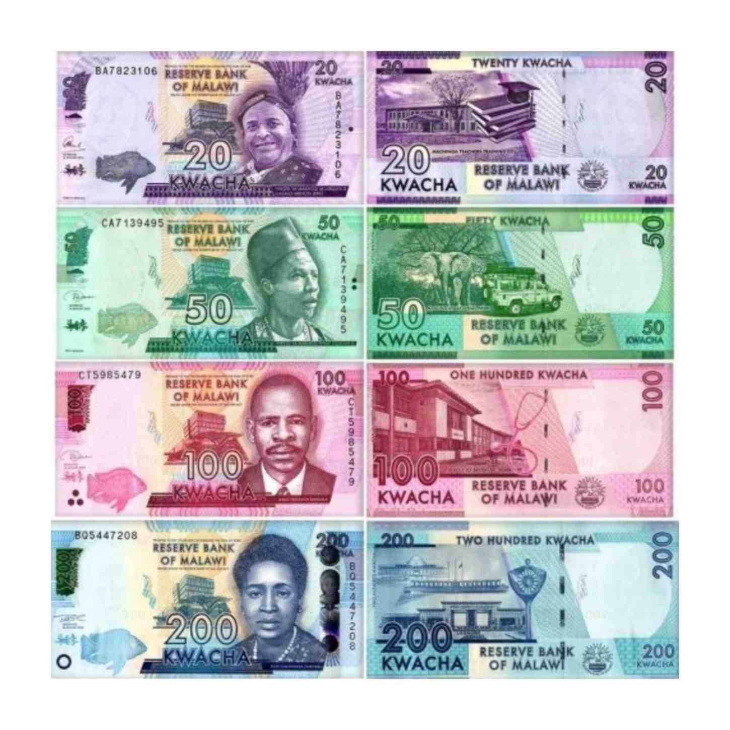 Malawi 20,50,100,200 Mixed Year Set of 4 UNC Bank Notes